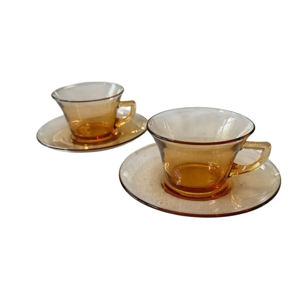 Cambridge Glass Amber Cup & Saucer Set (2 Each) VTG Elegant Tea Coffee Entertain